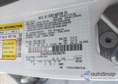 2019 Ford Fusion Hybrid Se from USA, damaged, VIN 3FA6P0LU7KR200791